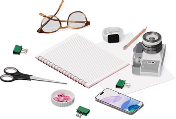isometric view of notebook, smartphone, glasses, smartwatch, scissors