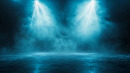 Obraz premium Empty stage lit by spotlights, dark blue, smoky effect