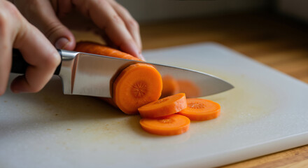 Hand cutting carrot into round slices on white cutting board with chef knife. Food preparation process. Kitchen skills and cooking technique for healthy meal recipes
