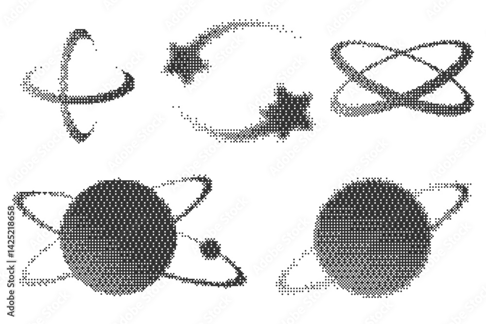 Poster bitmap pattern abstract cosmic shapes. vector planets with orbits and stars. halftone gradient eleme
