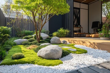 Obraz premium A garden with a white rock border and a tree in the middle