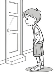 Cartoon Boy Standing by Door, Looking Sad. Black and White Illustration of a Pensive Child in Shorts and T-shirt, Graphic Novel Style.