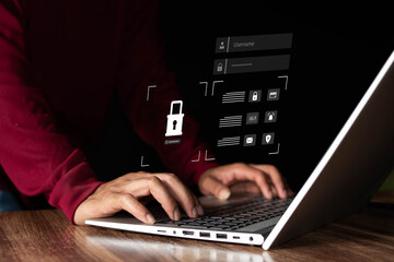Cyber ​​security and privacy concept to protect data. Lock icon and internet network security technology. Businessman protecting personal data on laptop and virtual interface.