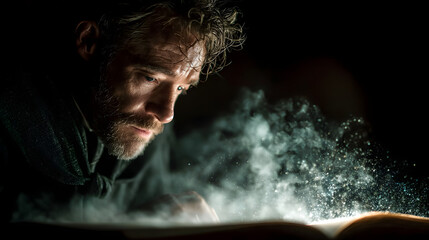 Mann liest in geheimnisvollem Buch mit aufsteigendem Rauch
