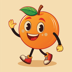 Groovy orange mascot. Funky retro character. cartoon apple, smiling, walking. Funny vintage trendy style character. Doodle Comic collection 