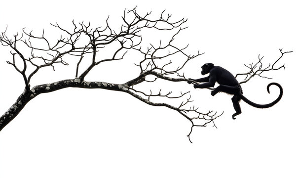 A black monkey with a long tail sitting on a branch of a bare tree - Powered by Adobe