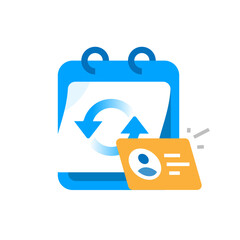 flat illustration of data update concept featuring a calendar and ID card. personal information update, profile renewal, system synchronization, data management, and identity verification