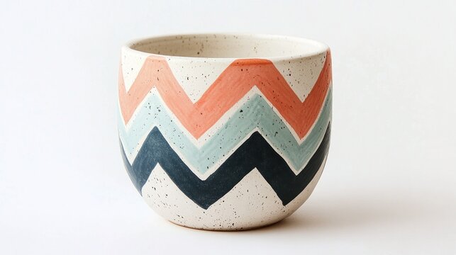 Hand-painted ceramic planter with a zig-zag design