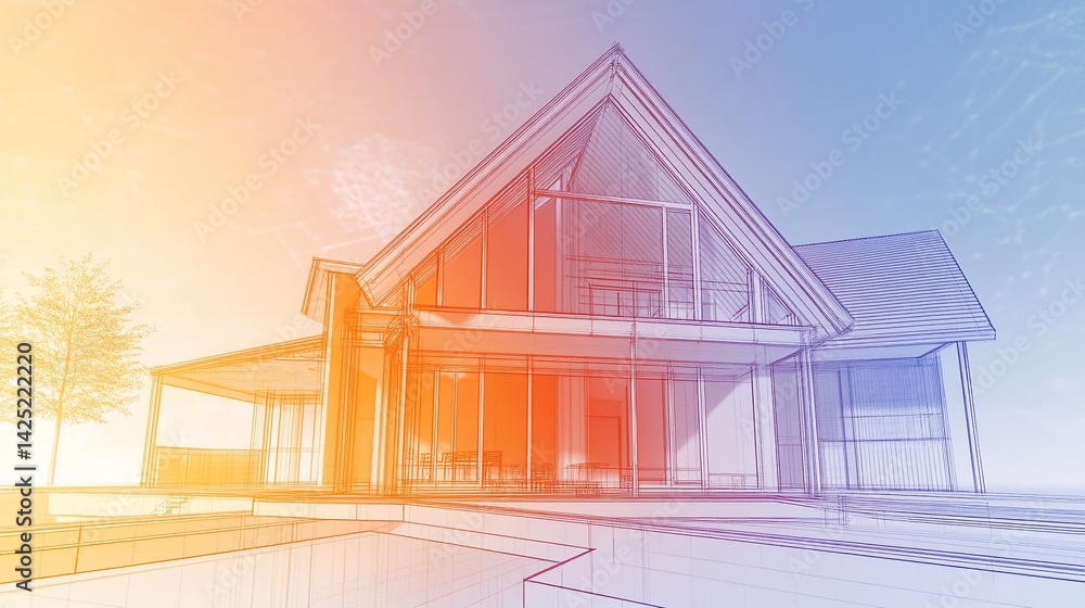 Aufkleber architectural blueprint of a modern house with large windows and a pool in the foreground