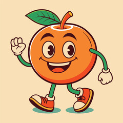 Groovy orange mascot. Funky retro character. cartoon apple, smiling, walking. Funny vintage trendy style character. Doodle Comic collection 