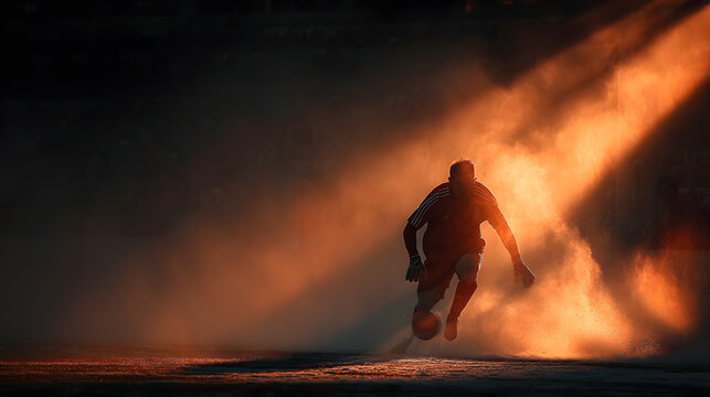 Fu&szlig;ballspieler dribbelt im Lichtkegel durch aufgewirbelten Staub
