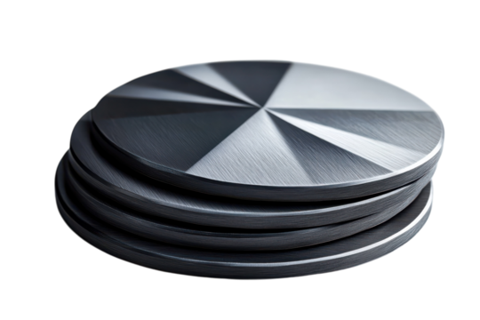Stack of sleek metallic discs showcasing intricate radial design dramatic dark background high on transparent background