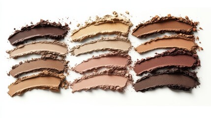 Eye shadow palette swatches with neutral colors on a white surface. Use for cosmetic ads, makeup tutorials, and beauty blog graphics.