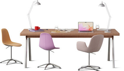 front view of office desk with laptop and project files