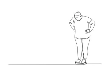 Obraz premium Unhappy obese woman on the scales in continuous one line drawing. Single line art illustration of female excess weight problems. Editable vector.