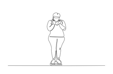 Unhappy obese woman on the scales in continuous one line drawing. Single line art illustration of female excess weight problems. Editable vector.
