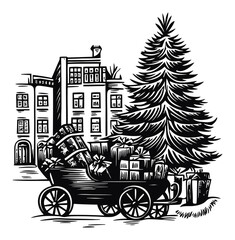 Fototapeta premium Engraving of a Festive Cart with Gifts by a Christmas Tree