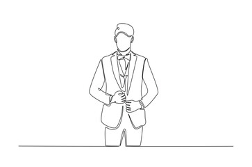 Businessman wearing suit in continuous one line drawing. Single line art illustration of guy wearing formal suit. Editable vector.