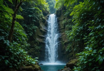 Obraz premium Majestic waterfall cascading through lush forest in a tropical paradise