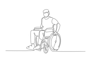 Woman with physical disability sitting in wheel chair in continuous one line drawing. Single line art illustration of disabled person on wheelchair. Editable vector.