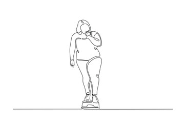 Unhappy obese woman on the scales in continuous one line drawing. Single line art illustration of female excess weight problems. Editable vector.