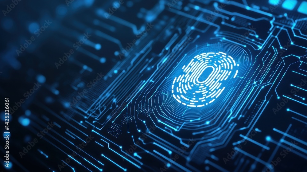 Poster highly detailed close-up of a digital fingerprint scanner embedded in a futuristic circuit board wit