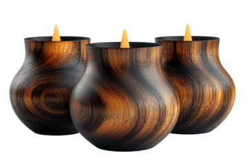Three elegant wooden LED candles illuminate a dark space their warm golden light creating a cozy and inviting ambiance showcasing intricate on transparent background
