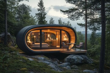 A small, modern home with a large window and a bed