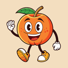 Groovy orange mascot. Funky retro character. cartoon apple, smiling, walking. Funny vintage trendy style character. Doodle Comic collection 