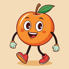 Groovy orange mascot. Funky retro character. cartoon apple, smiling, walking. Funny vintage trendy style character. Doodle Comic collection 
