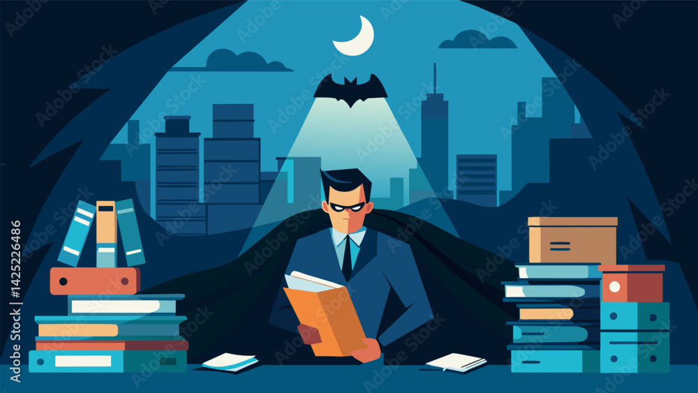 Aufkleber a man holed up in his bat surrounded by stacks of books and folders pouring over documents as he att