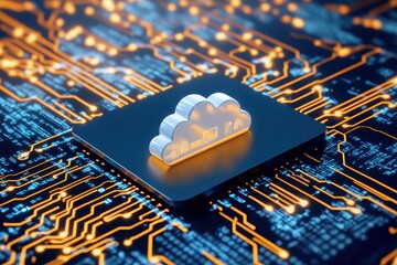 Cloud computing technology concept with digital cloud icon on electronic circuit board background representing data storage online network and technology infrastructure