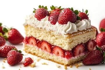 Delicious Slice of Strawberry Shortcake Topped with Cream on a White Background
