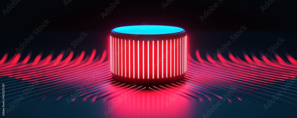 Poster vibrant audio device with dynamic light patterns against a dark background.