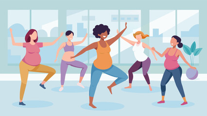 In a spacious dance studio a group of pregnant women participate in a lowimpact fitness class specially designed to support their changing bodies. Vector illustration