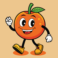Groovy orange mascot. Funky retro character. cartoon apple, smiling, walking. Funny vintage trendy style character. Doodle Comic collection 