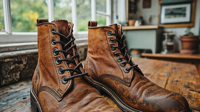 Rustic Leather Boots on Wooden Surface