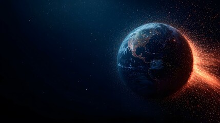 Obraz premium The image shows a stylized depiction of planet Earth in space, with a fiery, energetic trail of particles emanating from its side.A medium description sentence: A vibrant, stylized Earth hangs in th