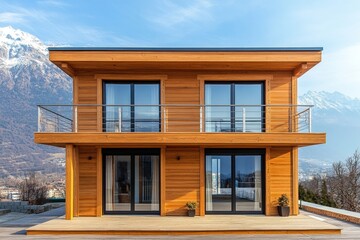A wooden house with a large balcony overlooking a mountain