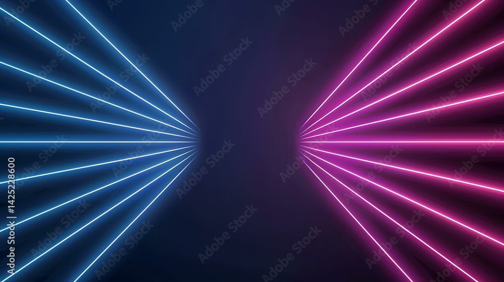 Poster the image contains a dark background with vibrant blue and pink neon lines radiating outwards from a
