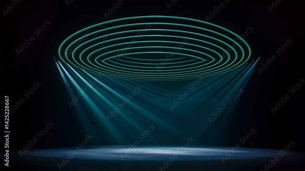 Poster the image shows a dark stage illuminated by teal spotlights converging on a central point where conc