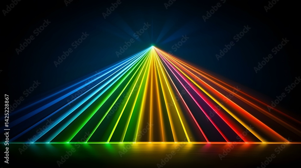 Poster the image contains a series of vibrant, multicolored laser beams emanating from a central point and 