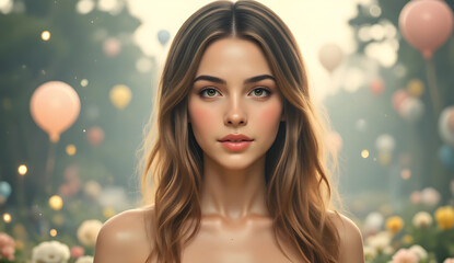 Fototapeta premium Young woman with flowing brown hair standing in garden, pastel balloons drifting softly behind, embodying whimsical, ethereal beauty in soft hued scene