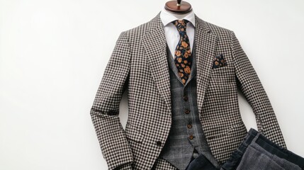 Formal suit display, patterned jacket, tie and pocket square