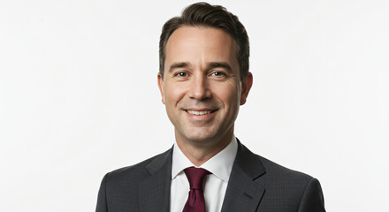 Professional portrait of a smiling businessman in a dark suit and burgundy tie, neatly groomed hair, white shirt, minimalist white backdrop, modern business style