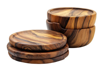 Elegant hand crafted acacia wood bowls and plates a rustic kitchenware set stacked beautifully against a black background showcasing rich on transparent background