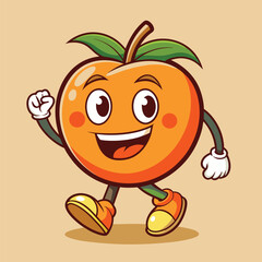 Groovy orange mascot. Funky retro character. cartoon apple, smiling, walking. Funny vintage trendy style character. Doodle Comic collection 