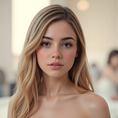 Blonde woman with flowing wavy hair standing elegantly near window, showcasing glowing skin and natural beauty under soft, diffused lighting
