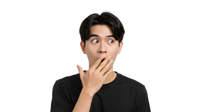 Surprised man with hand over mouth looking to the side with wide eyes open on transparent background