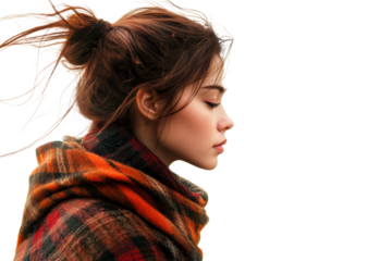 Portrait of a Young Woman with Messy Bun and Plaid Scarf Autumn Fashion Photography